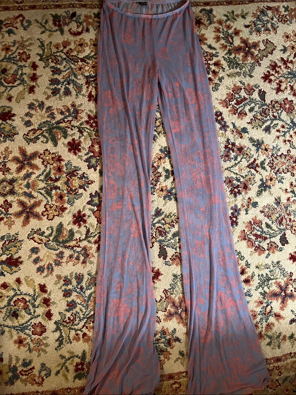 Sheer Lavender Wide-Leg Pants with Coral Floral Print
